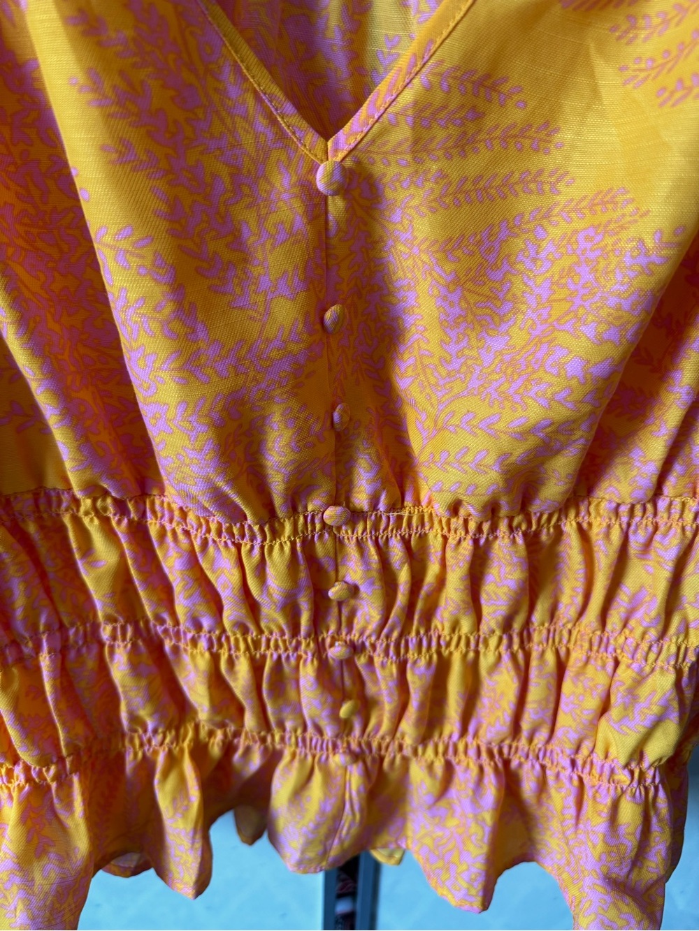 Rose & Olive Orange and Pink V-Neck Smocked Waist Blouse | Medium - Picture 2 of 9
